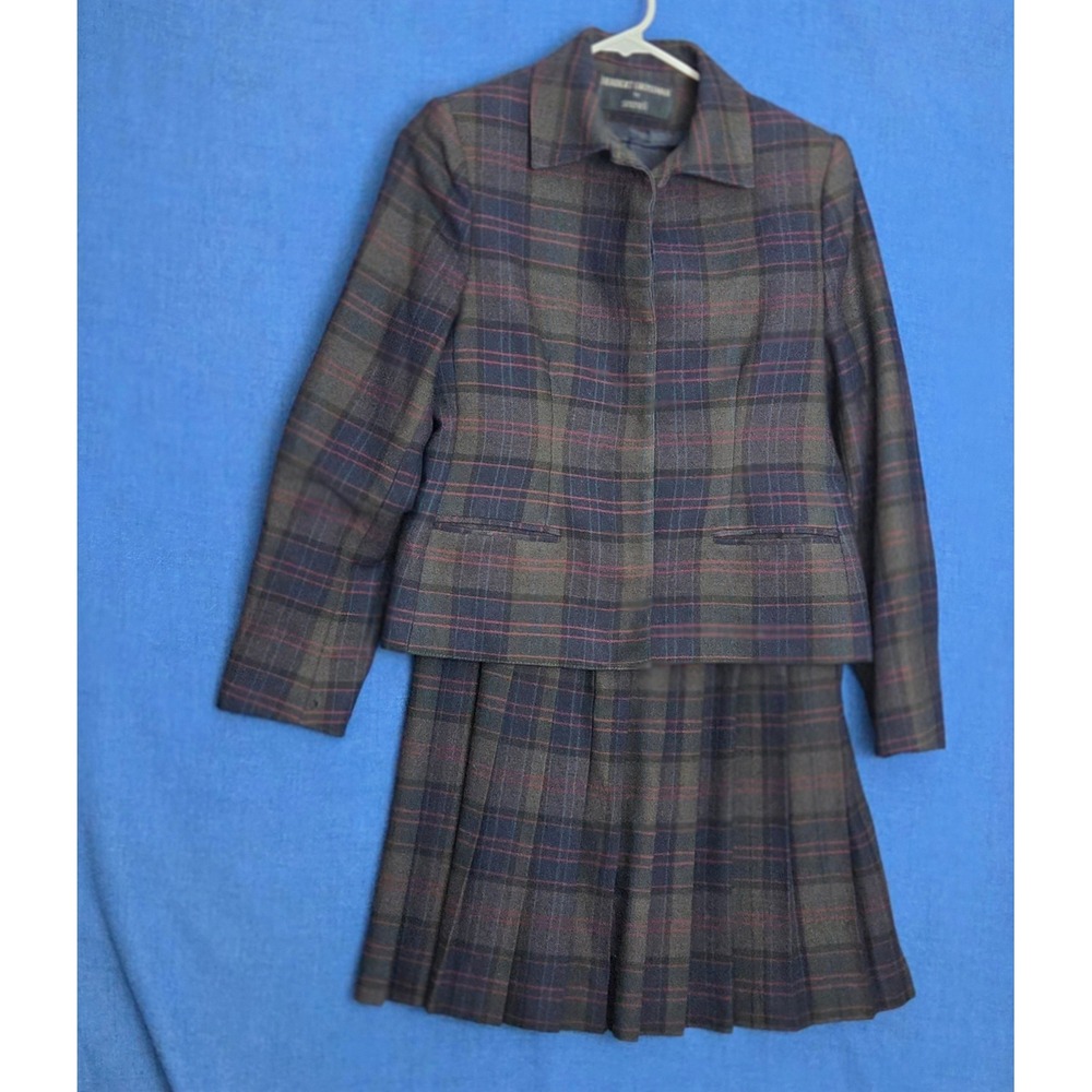 Vintage 60s Herbert Grossman Plaid Wool Skirt 2-Piece Suit Set ILGWU Size XS 0 2